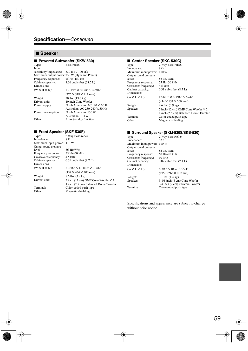 Specification —continued, Speaker | Onkyo HT-S780 User Manual | Page 59 / 71