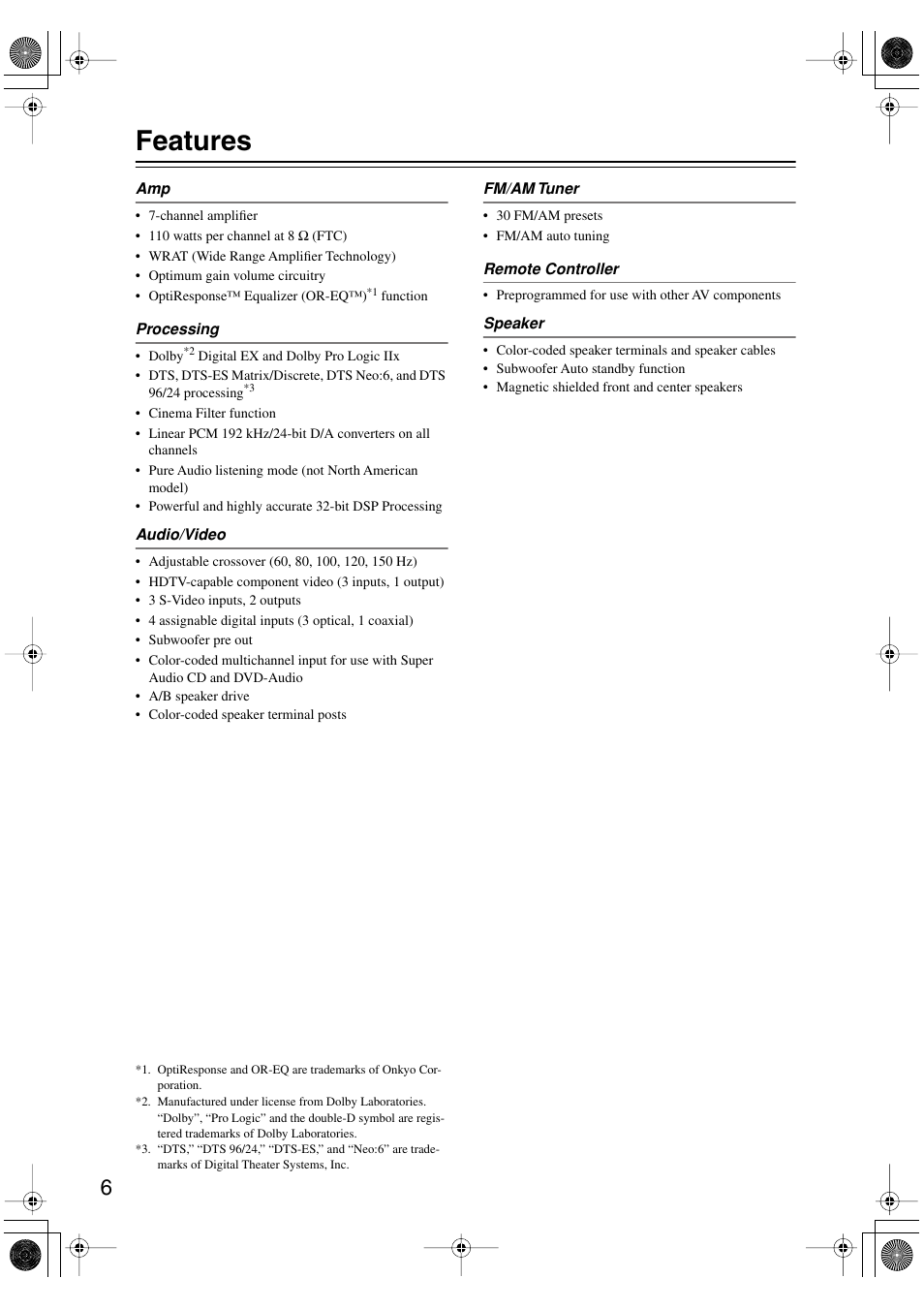 Features | Onkyo HT-S780 User Manual | Page 6 / 71