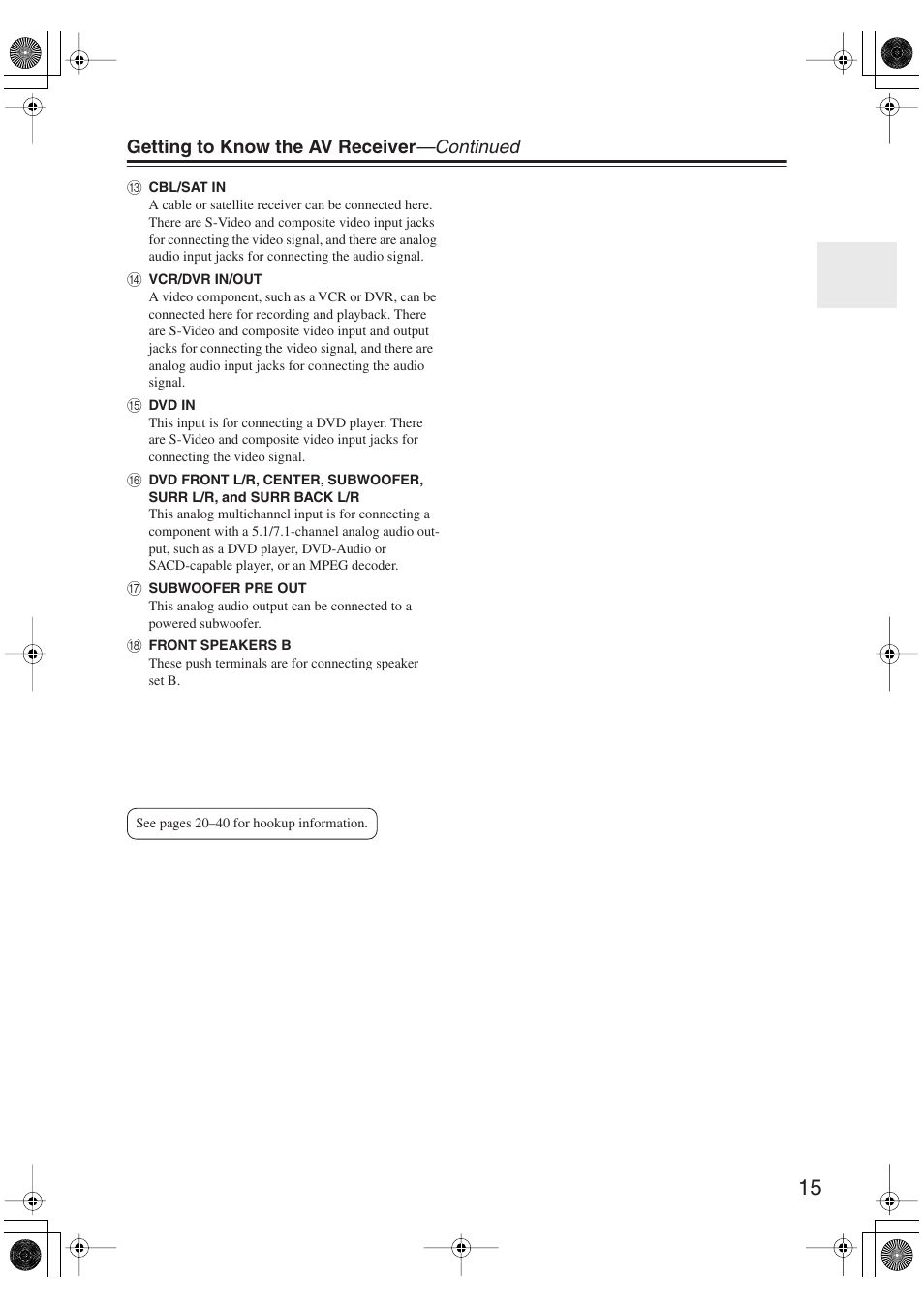 Getting to know the av receiver —continued | Onkyo SKM-750XS R User Manual | Page 15 / 100