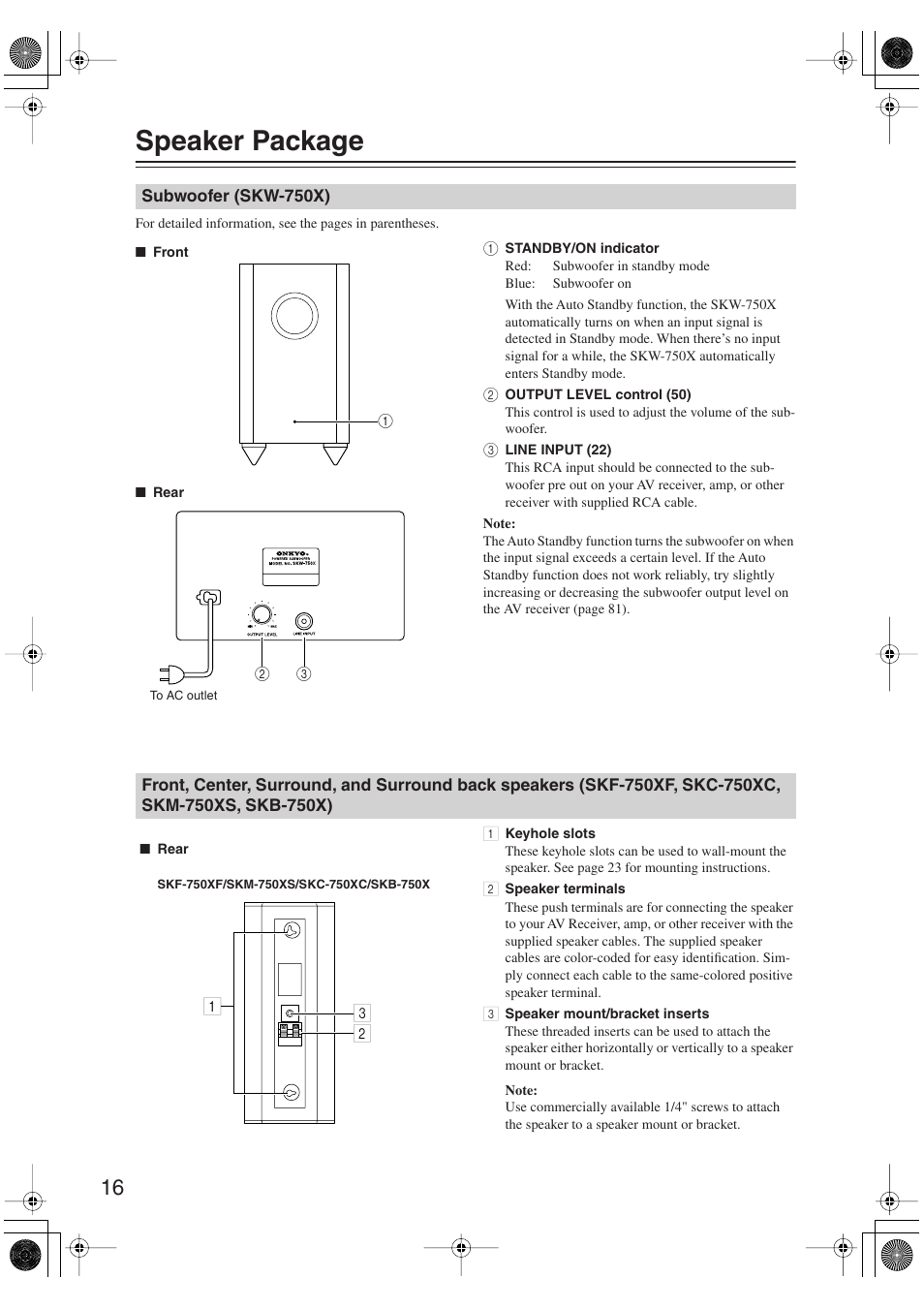 Speaker package, Subwoofer (skw-750x), Speakers (skf-750xf, skc-750xc, skm-750xs) | Onkyo SKM-750XS R User Manual | Page 16 / 100