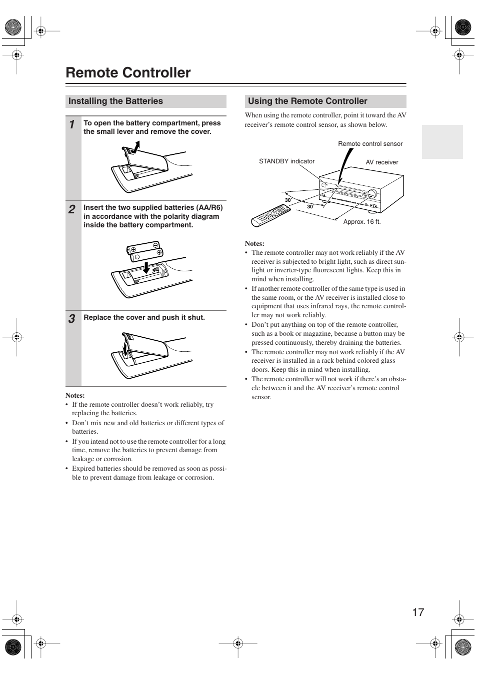 Remote controller, Installing the batteries, Using the remote controller | Ol sensor (17) | Onkyo SKM-750XS R User Manual | Page 17 / 100