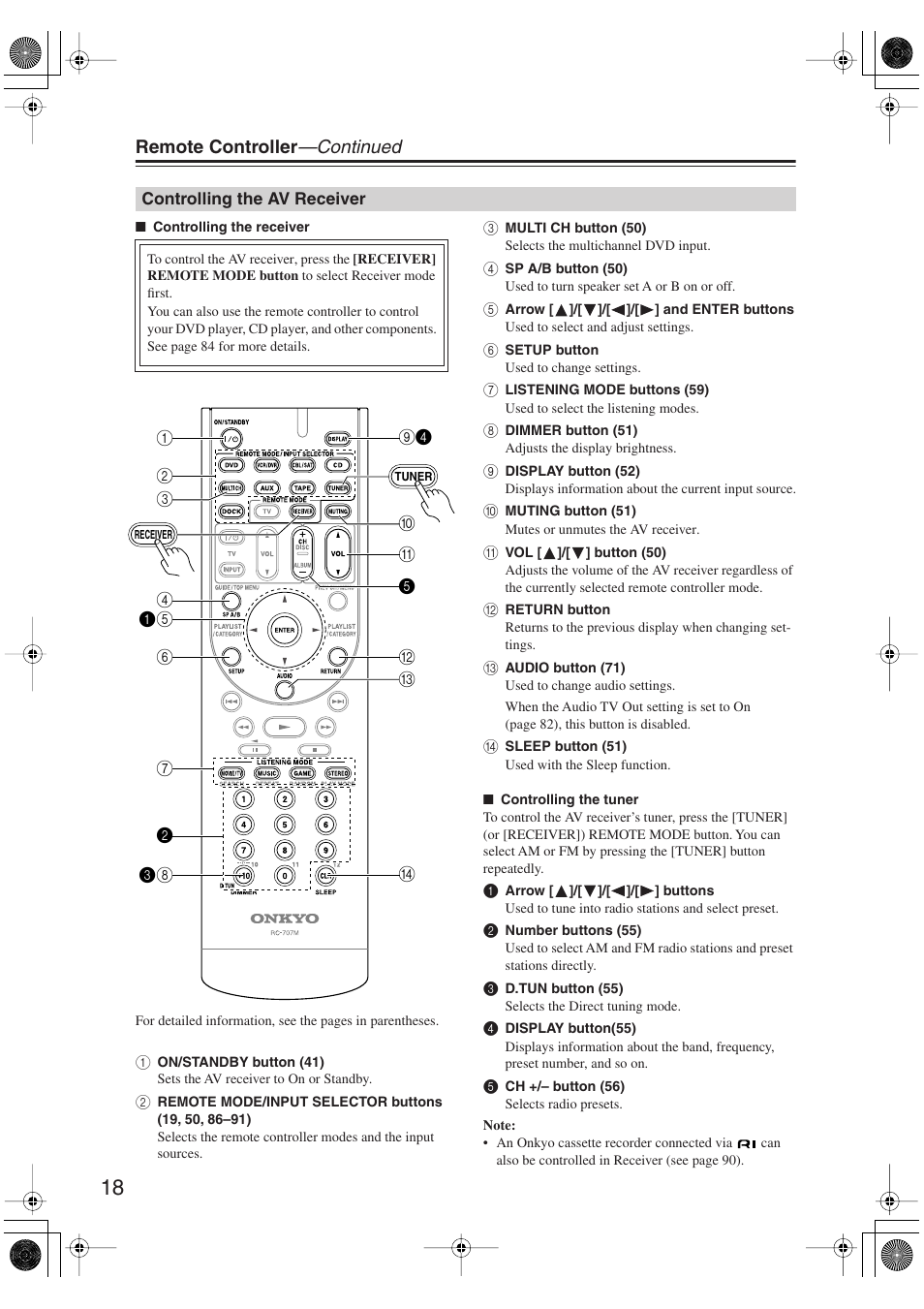 Controlling the av receiver, Remote controller —continued | Onkyo SKM-750XS R User Manual | Page 18 / 100