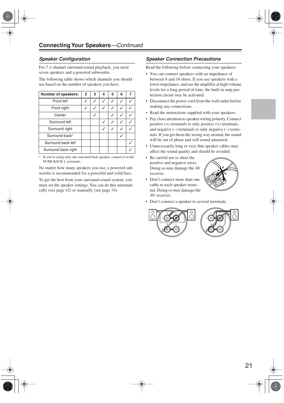 Connecting your speakers —continued | Onkyo SKM-750XS R User Manual | Page 21 / 100