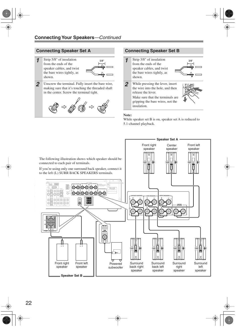 Connecting speaker set a, Connecting speaker set b, Connecting speaker set a connecting speaker set b | Line input (22), Connecting your speakers —continued | Onkyo SKM-750XS R User Manual | Page 22 / 100