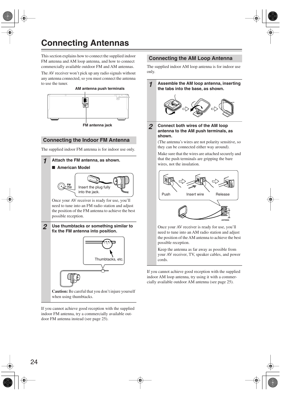 Connecting antennas, Connecting the indoor fm antenna, Connecting the am loop antenna | Onkyo SKM-750XS R User Manual | Page 24 / 100