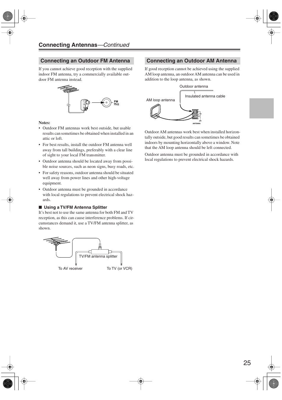 Connecting an outdoor fm antenna, Connecting an outdoor am antenna, Connecting antennas —continued | Onkyo SKM-750XS R User Manual | Page 25 / 100