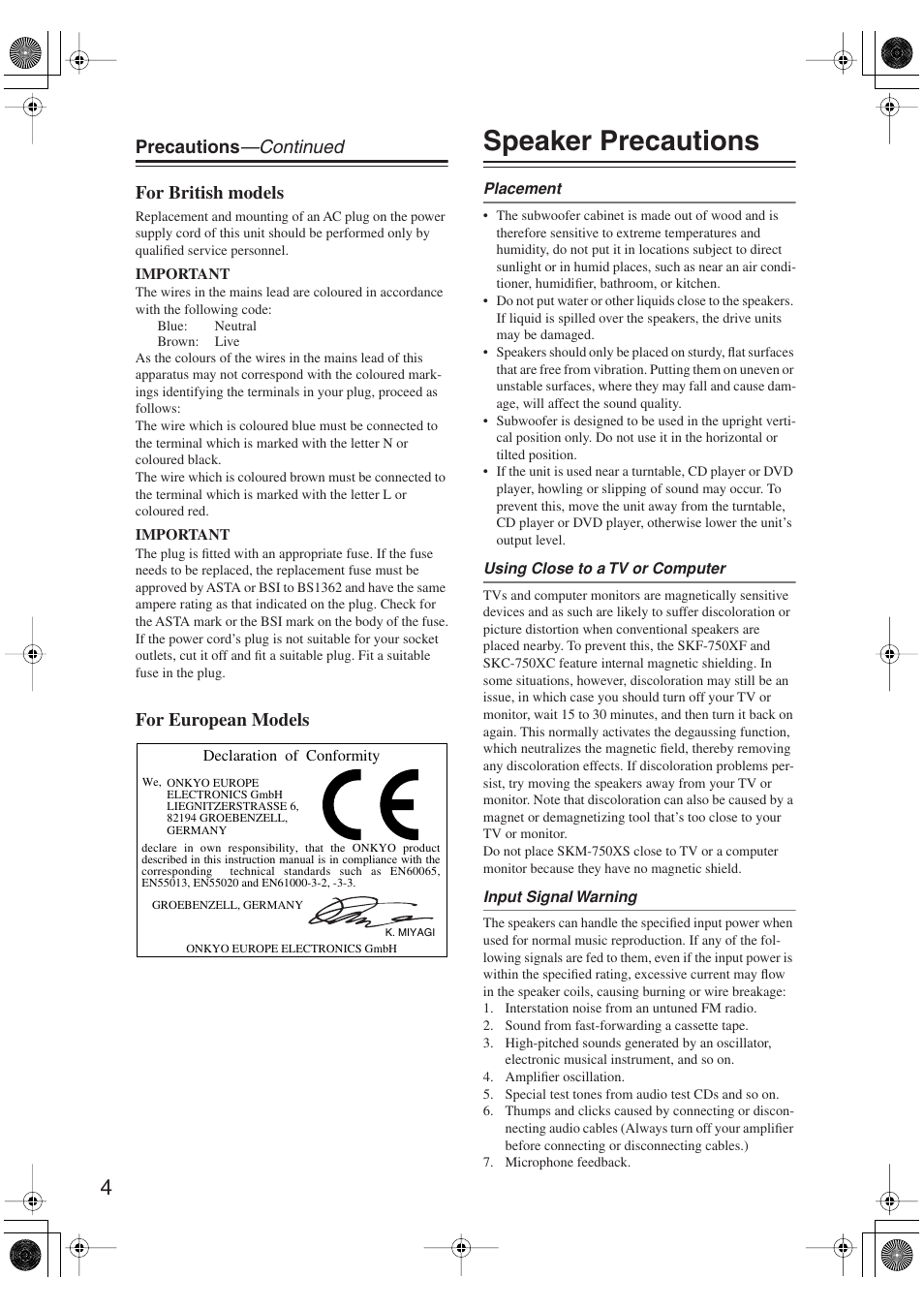 Speaker precautions | Onkyo SKM-750XS R User Manual | Page 4 / 100