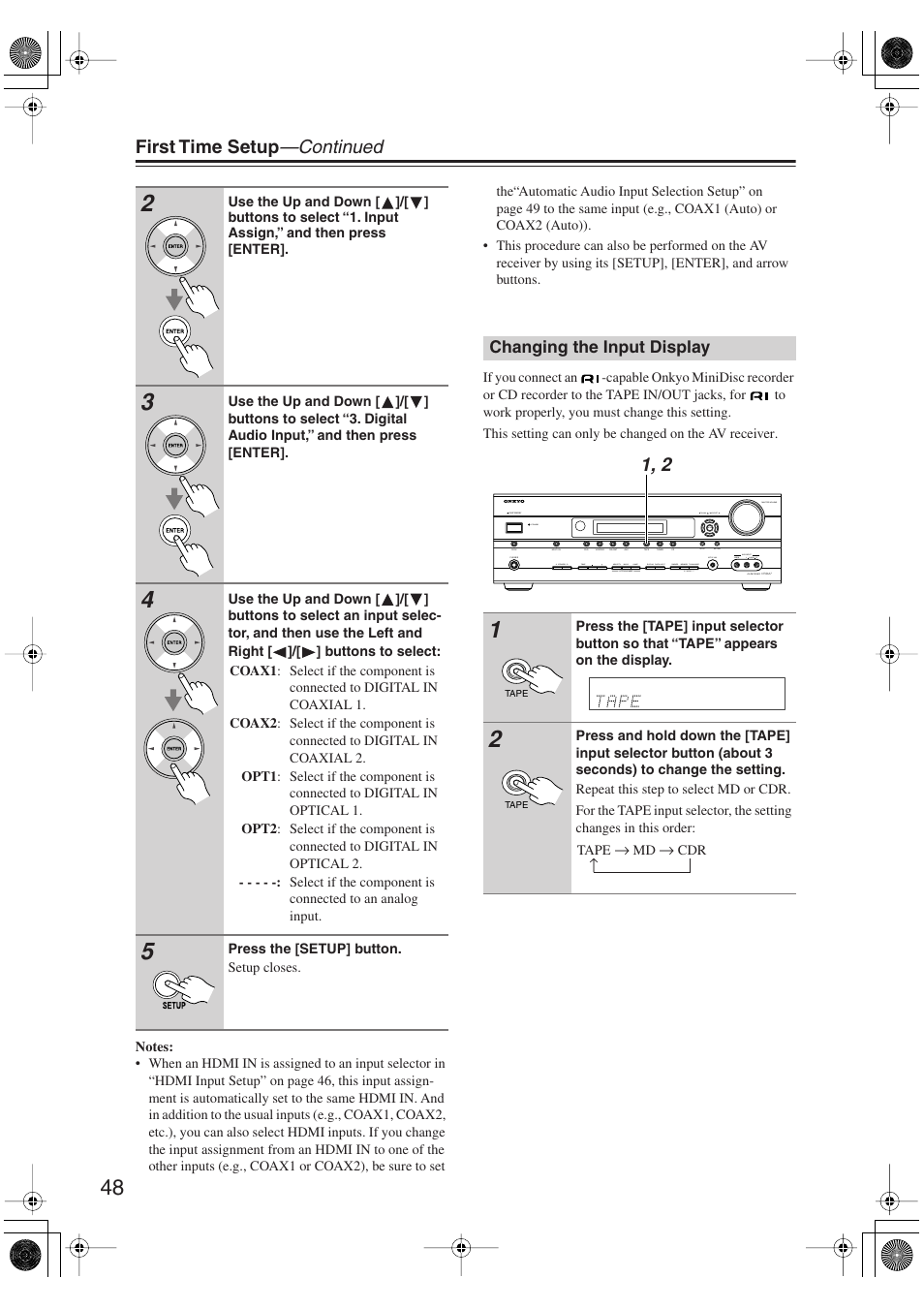 Changing the input display, First time setup —continued | Onkyo SKM-750XS R User Manual | Page 48 / 100