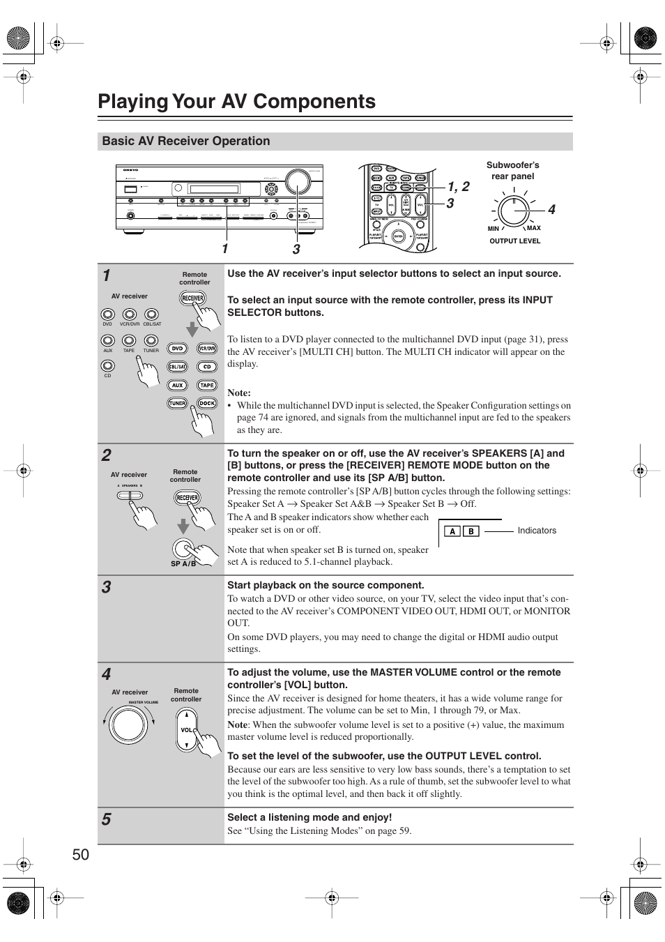 Playing your av components, Basic av receiver operation, Uttons (50) | Ol (50), Utton (50) | Onkyo SKM-750XS R User Manual | Page 50 / 100