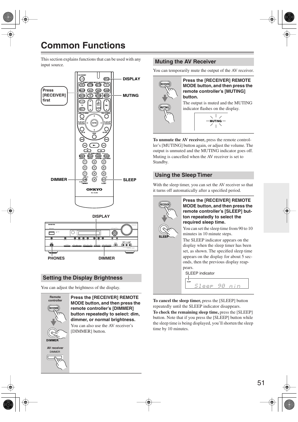 Common functions, Setting the display brightness, Muting the av receiver | Using the sleep timer, Utton (51), Muting indicator (51), Sleep indicator (51) | Onkyo SKM-750XS R User Manual | Page 51 / 100