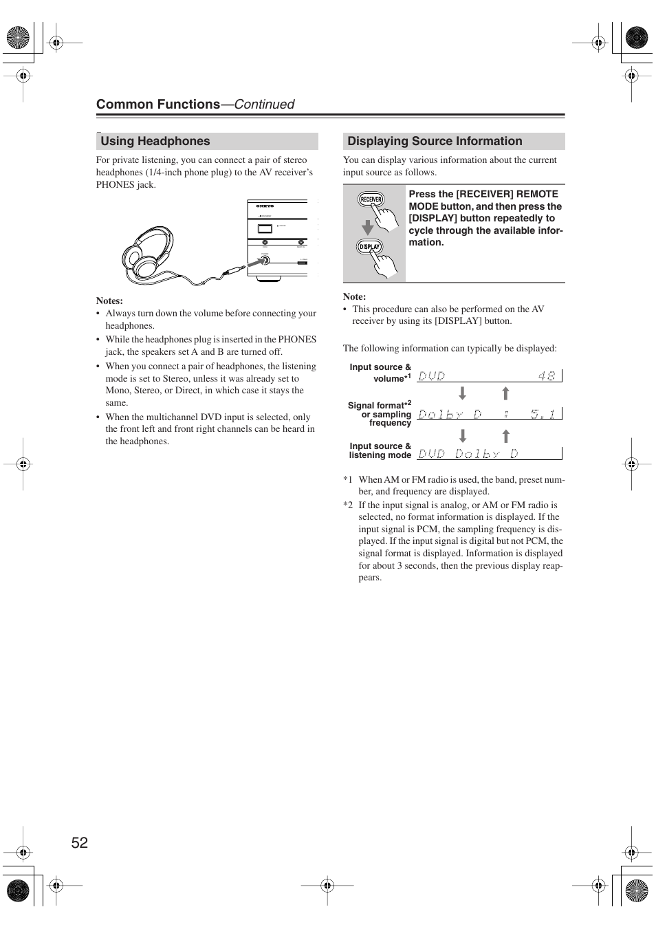 Using headphones, Displaying source information, Using headphones displaying source information | K (52), Utton (52), Common functions —continued | Onkyo SKM-750XS R User Manual | Page 52 / 100