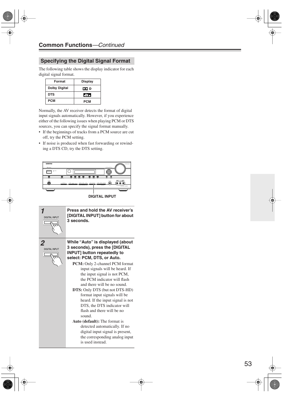 Specifying the digital signal format, Common functions —continued | Onkyo SKM-750XS R User Manual | Page 53 / 100