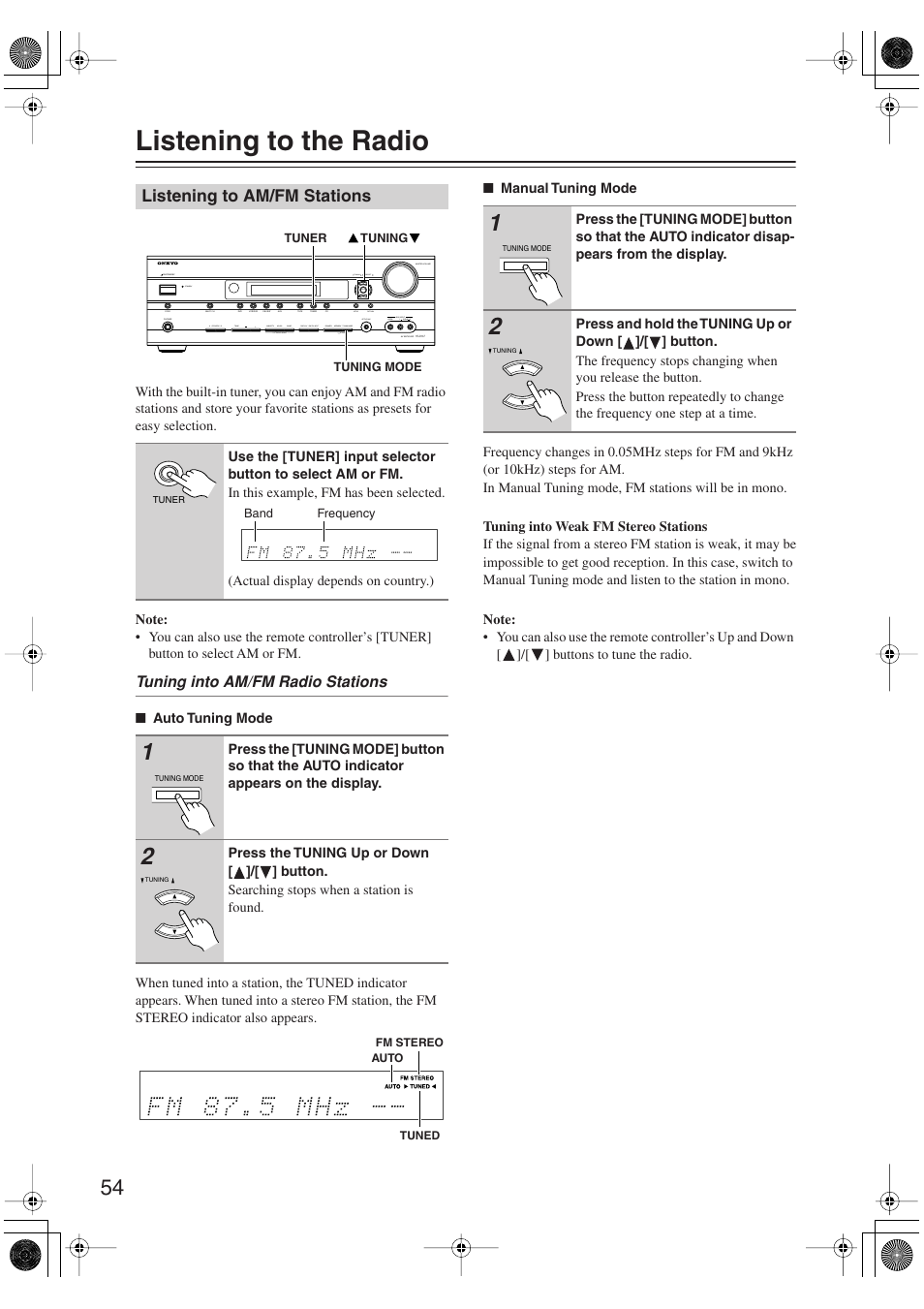 Listening to the radio, Listening to am/fm stations, Using the tuner | Utton (54), S (54), Fm stereo (54), Tuned (54) | Onkyo SKM-750XS R User Manual | Page 54 / 100