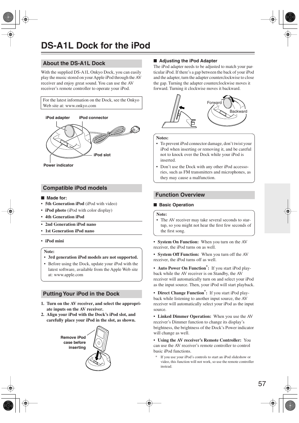 Ds-a1l dock for the ipod, About the ds-a1l dock, Compatible ipod models | Putting your ipod in the dock, Function overview | Onkyo SKM-750XS R User Manual | Page 57 / 100