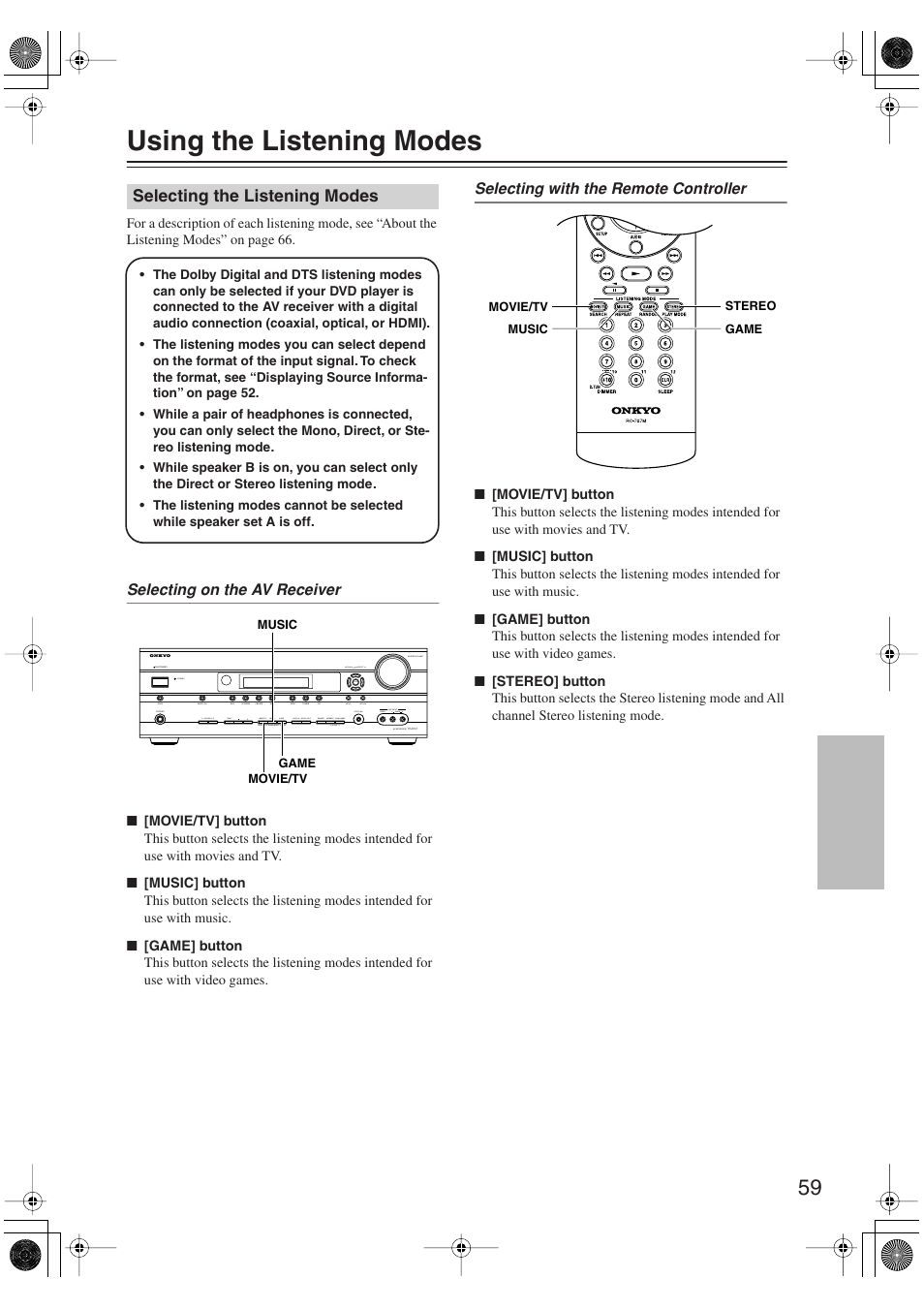 Using the listening modes, Selecting the listening modes, Enjoying the listening modes | Utton (59), S (59), Uttons (59) | Onkyo SKM-750XS R User Manual | Page 59 / 100