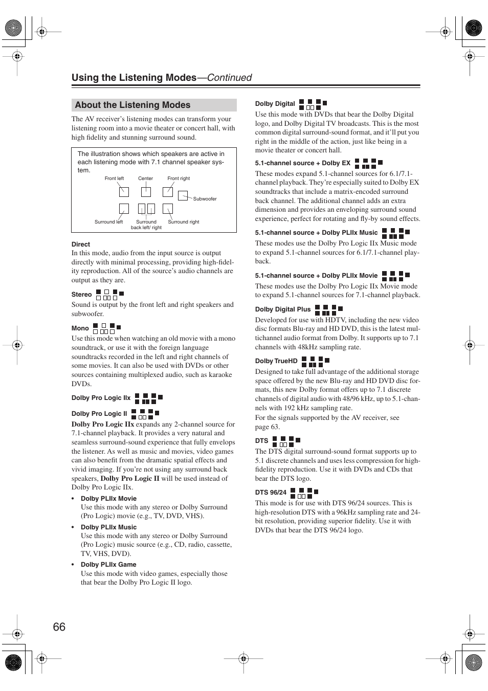 About the listening modes, Using the listening modes —continued | Onkyo SKM-750XS R User Manual | Page 66 / 100