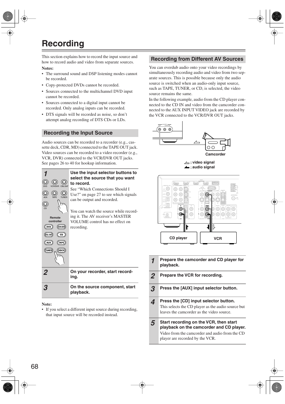 Recording, Recording the input source, Recording from different av sources | On your recorder, start record- ing, On the source component, start playback, Prepare the camcorder and cd player for playback, Prepare the vcr for recording, Press the [aux] input selector button | Onkyo SKM-750XS R User Manual | Page 68 / 100