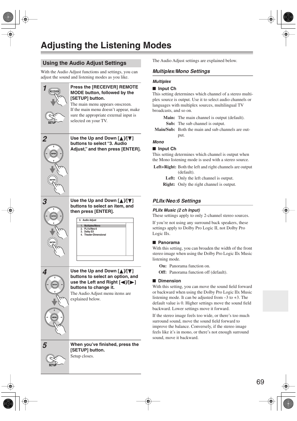 Adjusting the listening modes, Using the audio adjust settings, Advanced operation | Onkyo SKM-750XS R User Manual | Page 69 / 100