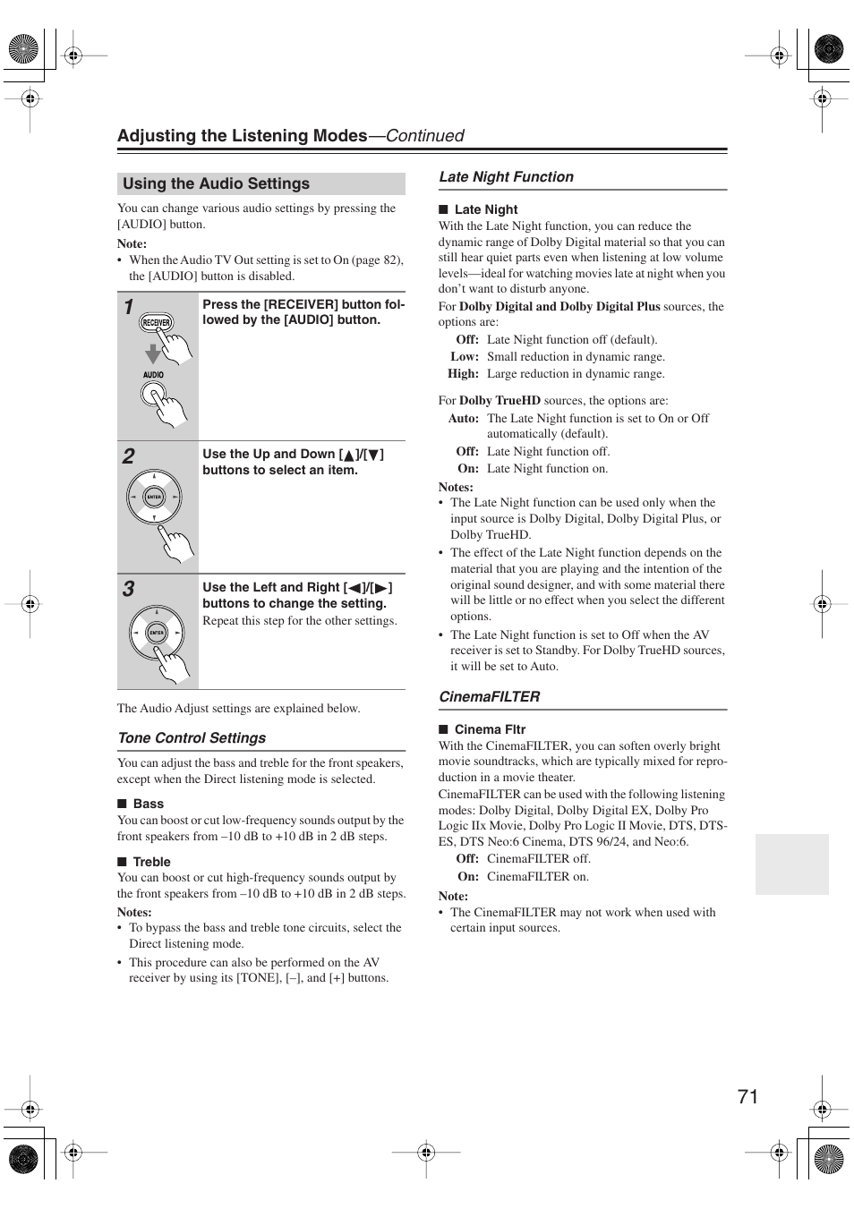 Using the audio settings, Uttons (71), Utton (71) | Adjusting the listening modes —continued | Onkyo SKM-750XS R User Manual | Page 71 / 100