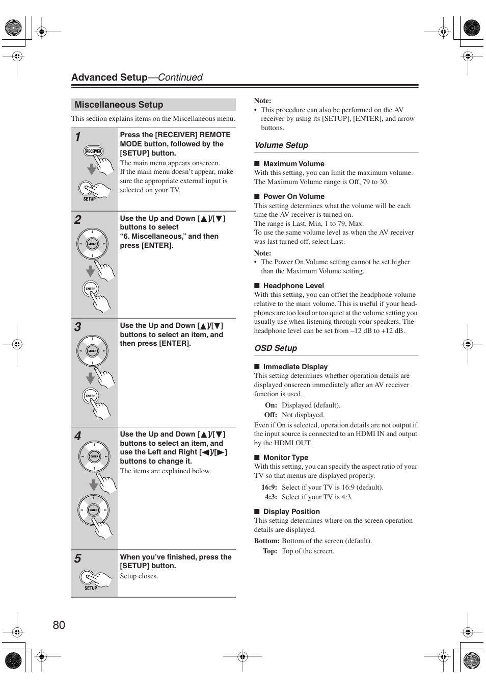 Miscellaneous setup, Advanced setup —continued | Onkyo SKM-750XS R User Manual | Page 80 / 100