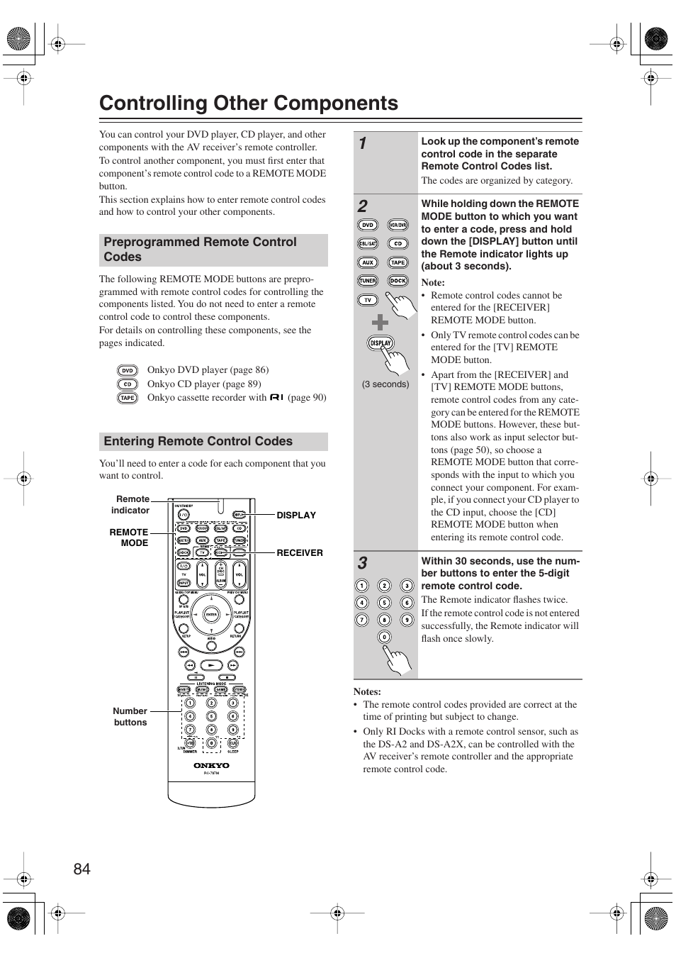 Controlling other components, Preprogrammed remote control codes, Entering remote control codes | Onkyo SKM-750XS R User Manual | Page 84 / 100