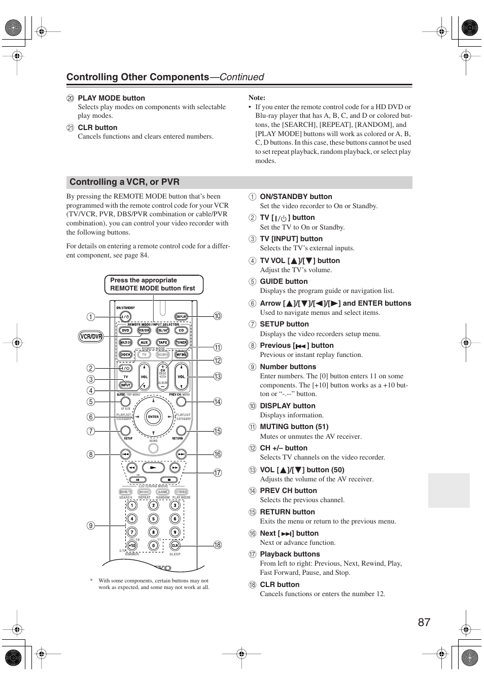 Controlling a vcr, or pvr, Controlling other components —continued | Onkyo SKM-750XS R User Manual | Page 87 / 100