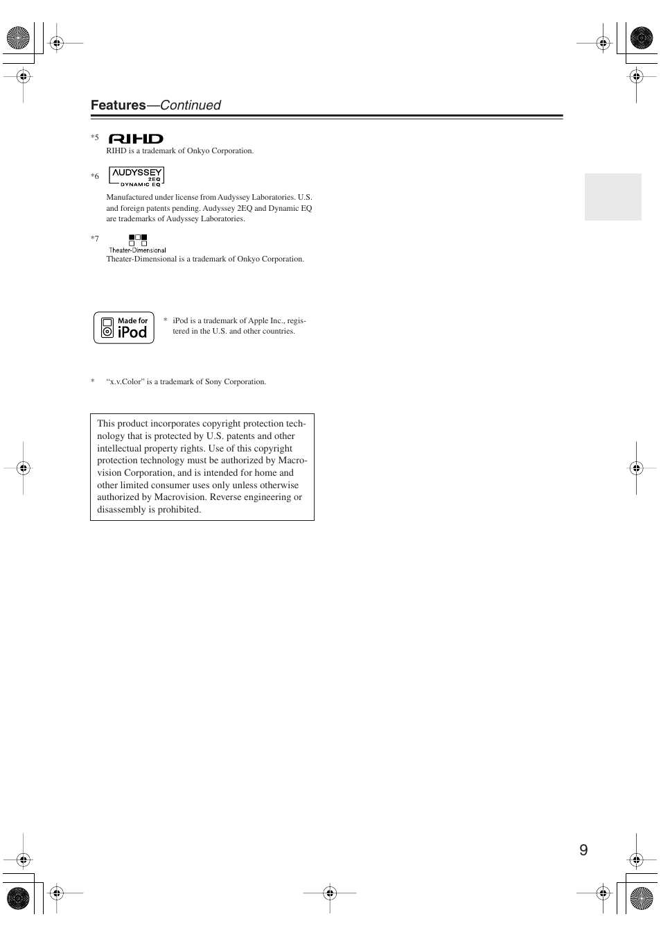 Features —continued | Onkyo SKM-750XS R User Manual | Page 9 / 100