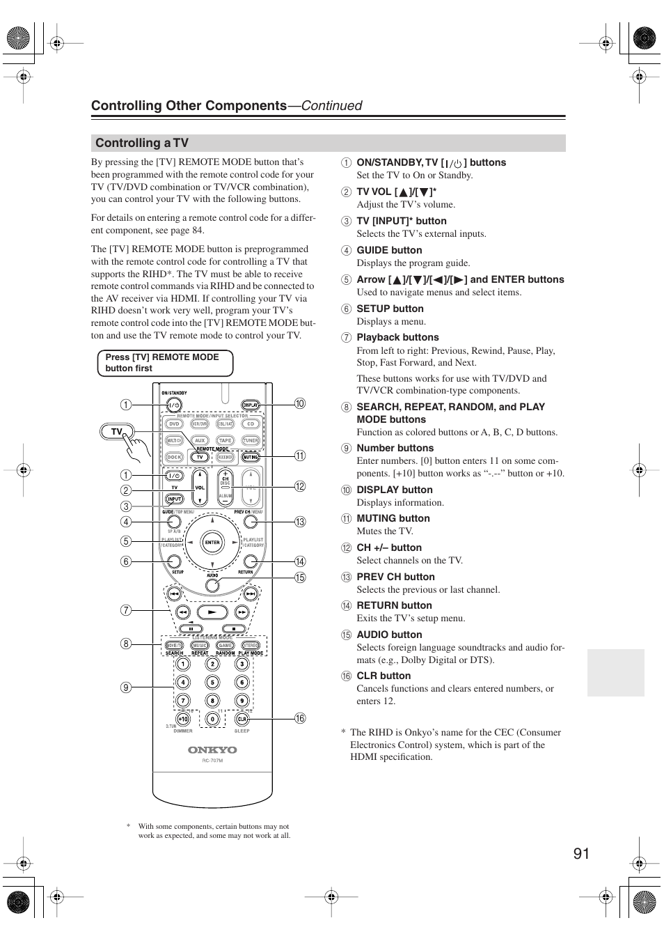 Controlling a tv, Controlling other components —continued | Onkyo SKM-750XS R User Manual | Page 91 / 100