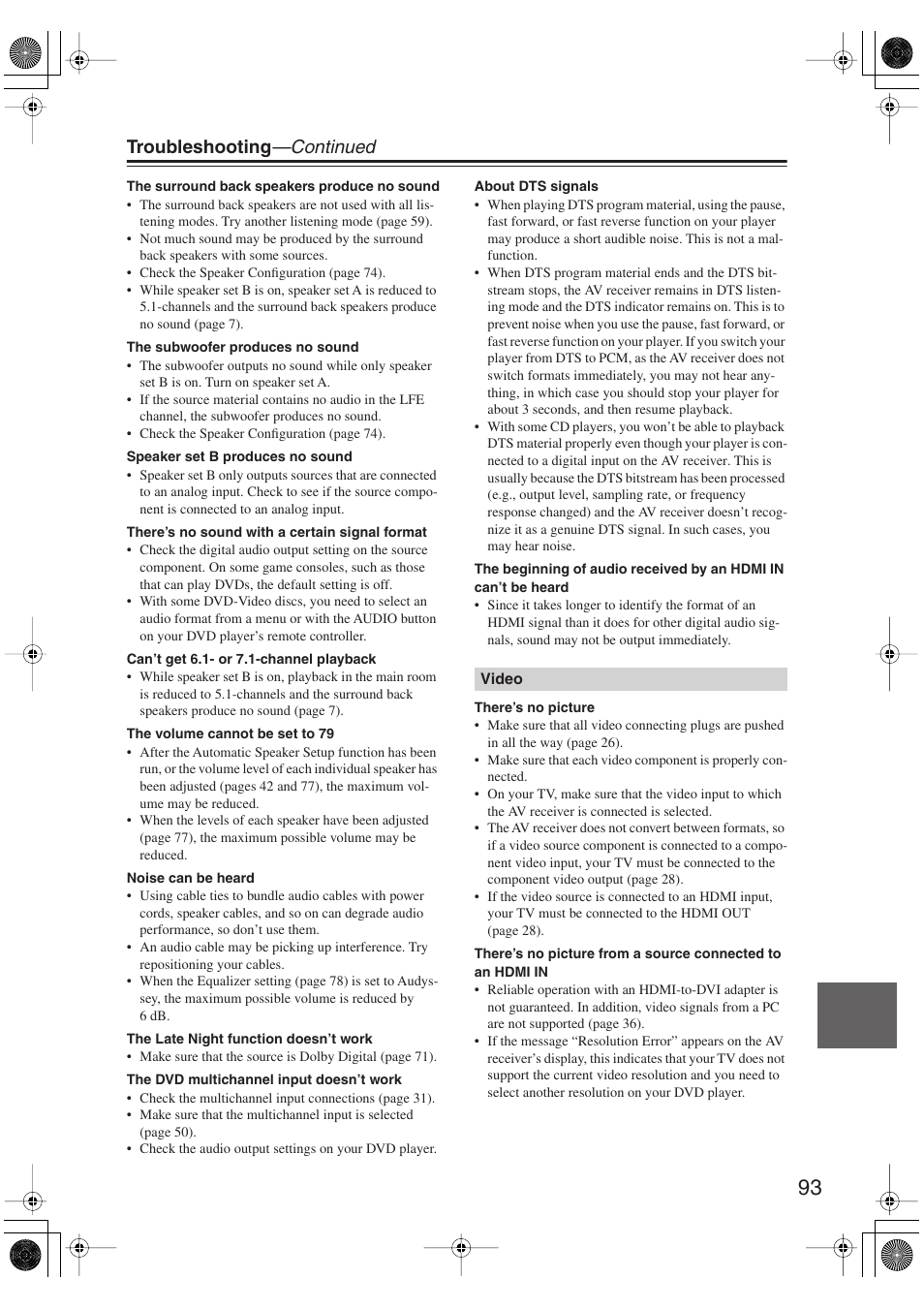 Troubleshooting —continued | Onkyo SKM-750XS R User Manual | Page 93 / 100
