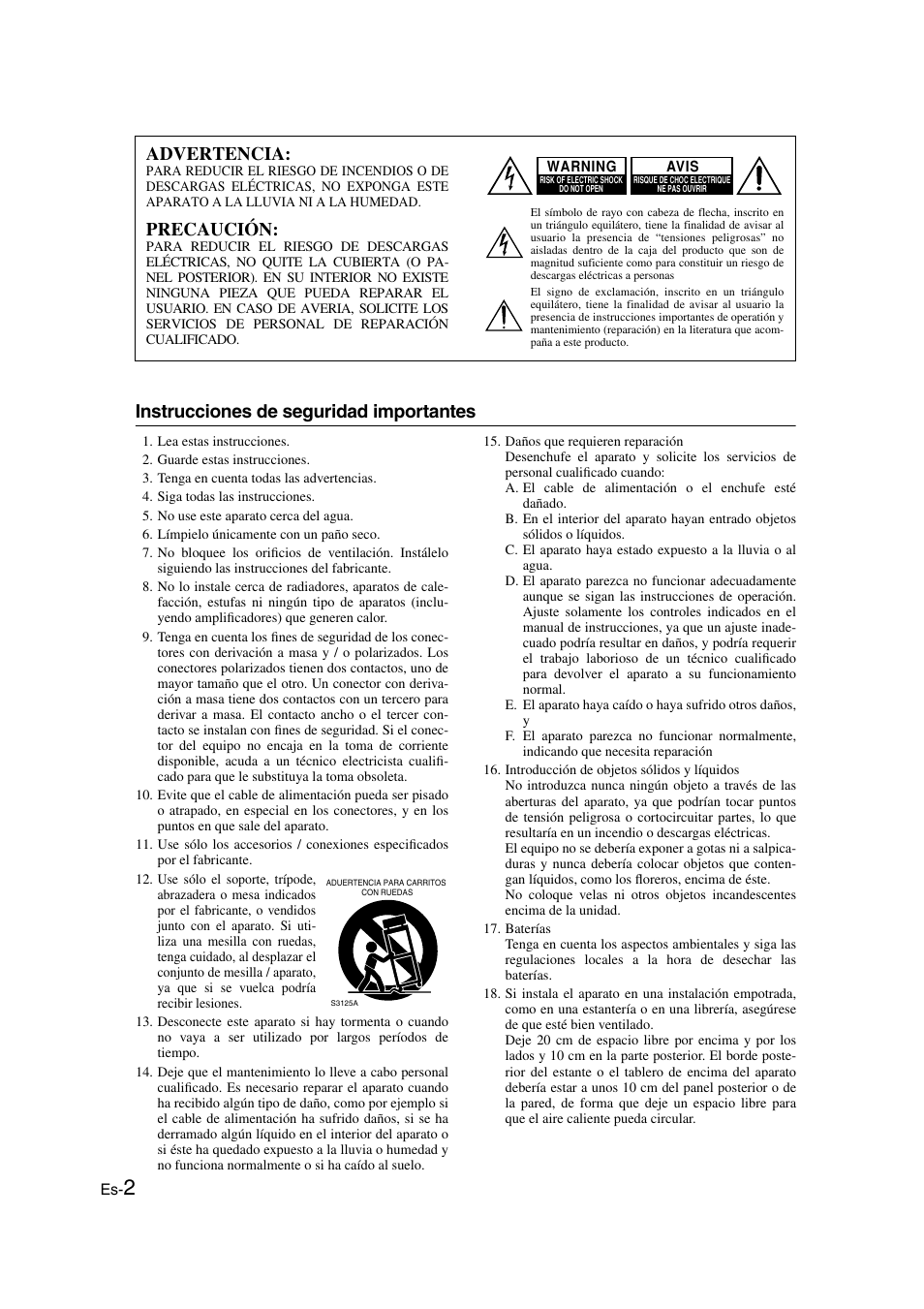 Español, Primeros pasos, Instrucciones de seguridad importantes | Advertencia, Precaución | Onkyo SKS-HT530 User Manual | Page 10 / 32