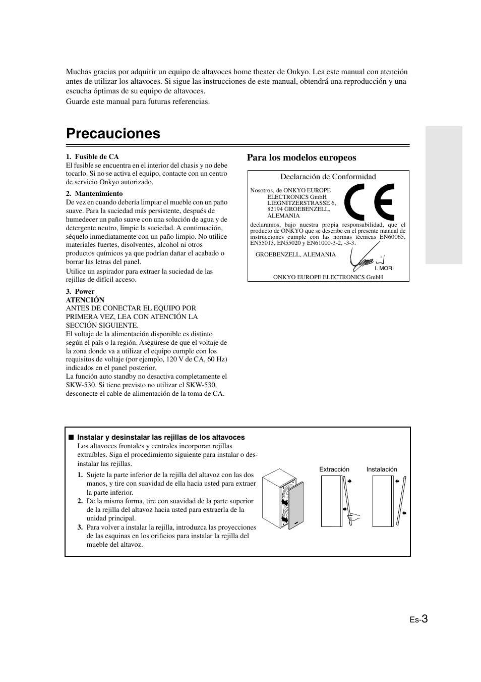 Precauciones, Para los modelos europeos | Onkyo SKS-HT530 User Manual | Page 11 / 32