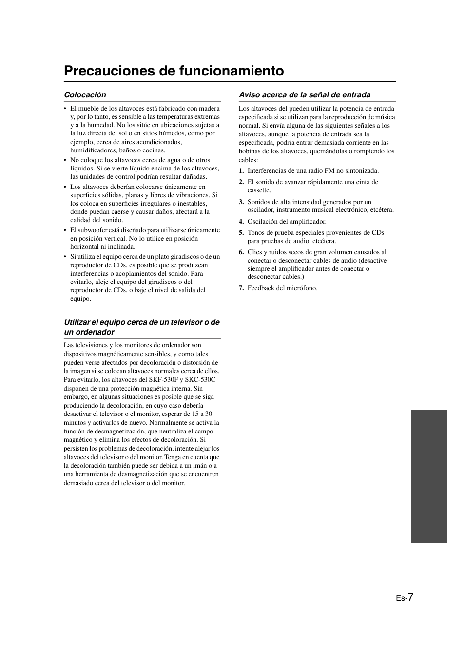 Precauciones de funcionamiento | Onkyo SKS-HT530 User Manual | Page 15 / 32