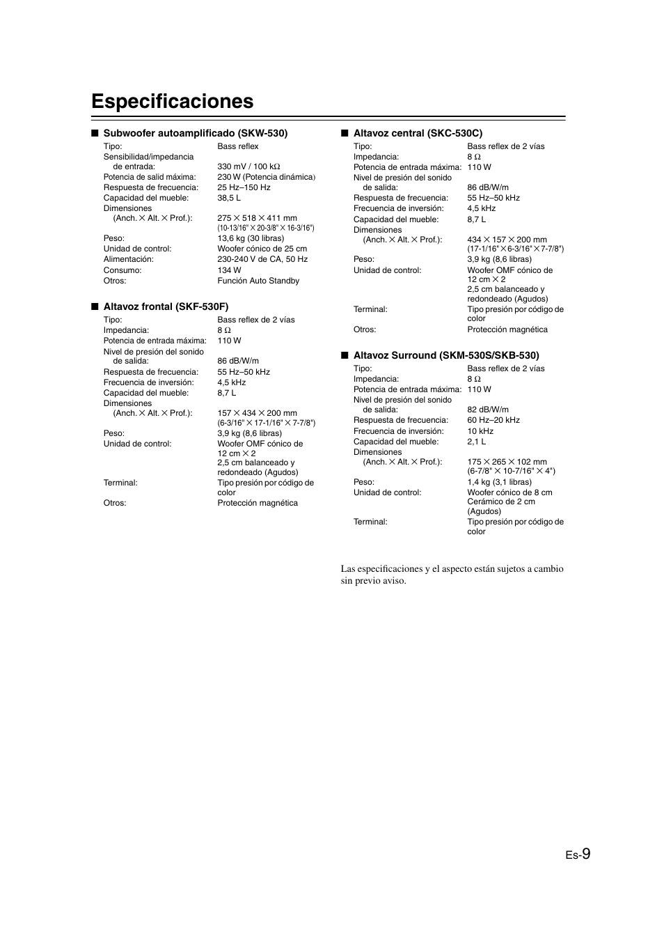 Especificaciones | Onkyo SKS-HT530 User Manual | Page 17 / 32