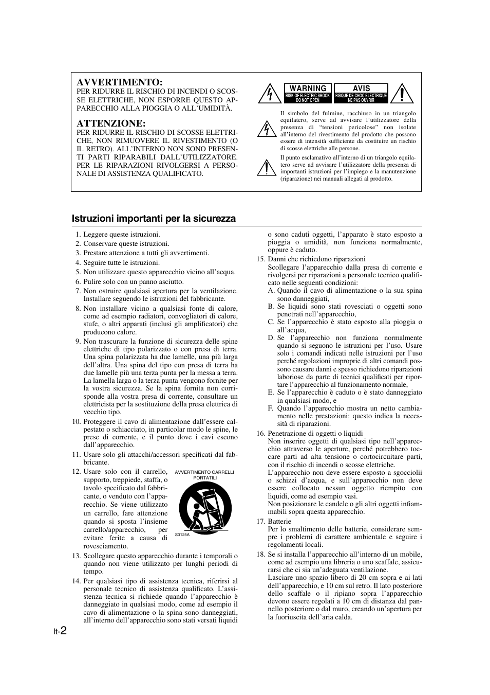 Italiano, Guida introduttiva, Istruzioni importanti per la sicurezza | Avvertimento, Attenzione | Onkyo SKS-HT530 User Manual | Page 18 / 32