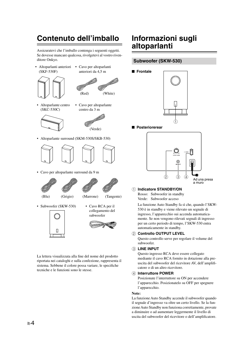 Contenuto dell’imballo, Informazioni sugli altoparlanti, Subwoofer (skw-530) | Onkyo SKS-HT530 User Manual | Page 20 / 32