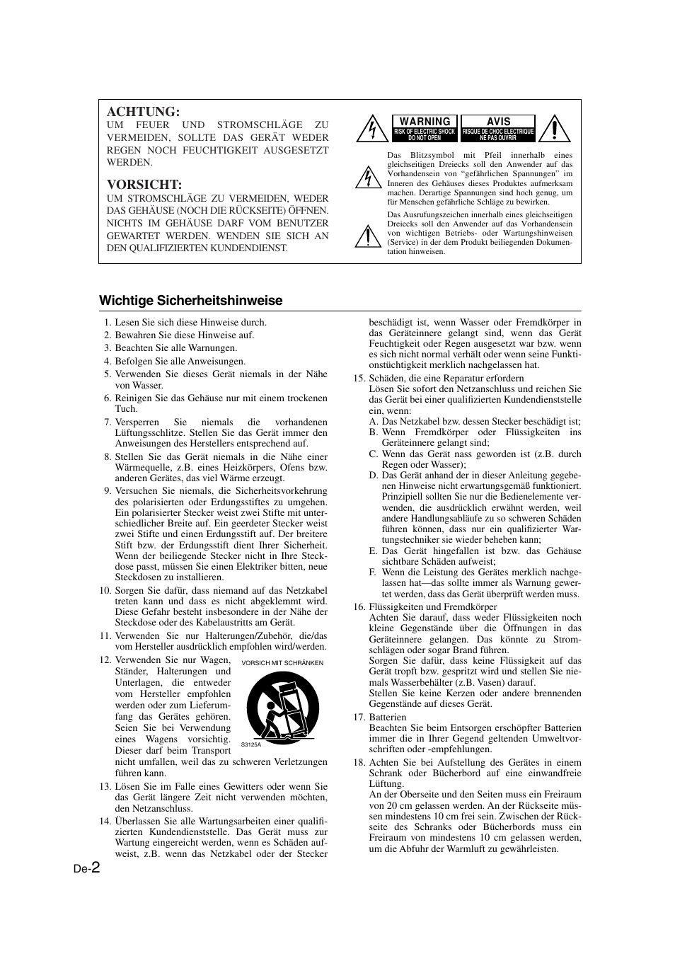 Deutsch, Vorbereitungen, Wichtige sicherheitshinweise | Achtung, Vorsicht | Onkyo SKS-HT530 User Manual | Page 26 / 32