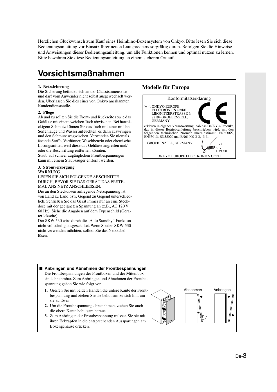 Vorsichtsmaßnahmen, Modelle für europa | Onkyo SKS-HT530 User Manual | Page 27 / 32