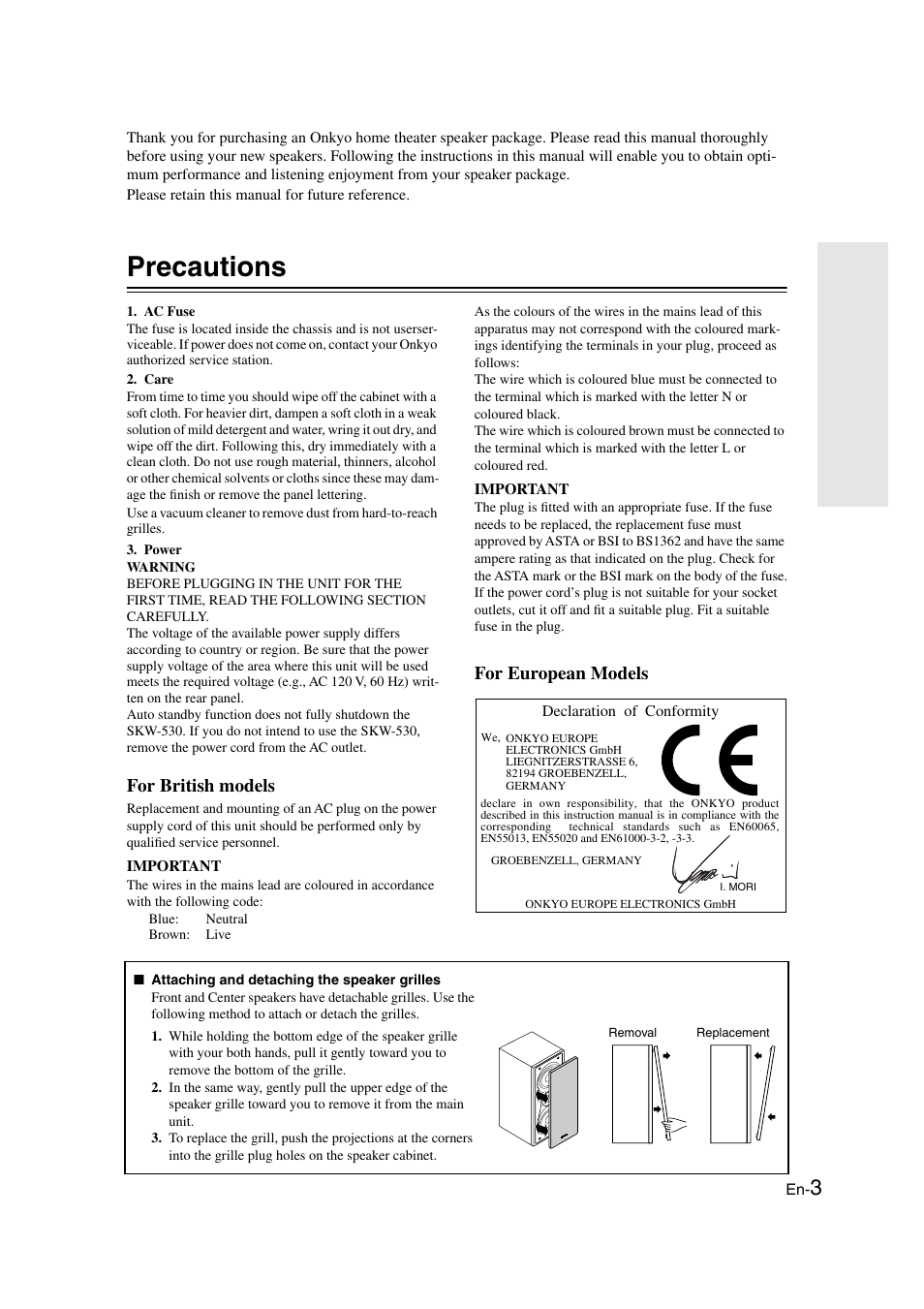 Precautions, For british models, For european models | Onkyo SKS-HT530 User Manual | Page 3 / 32