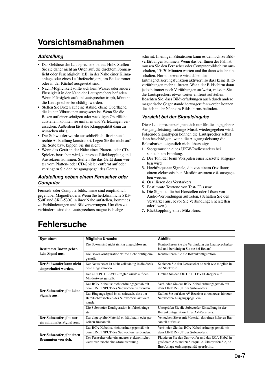 Vorsichtsmaßnahmen, Fehlersuche, Anhang | Onkyo SKS-HT530 User Manual | Page 31 / 32