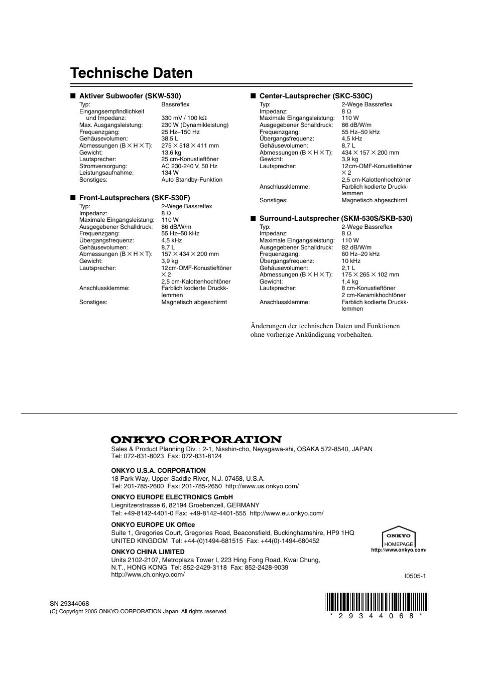 Technische daten | Onkyo SKS-HT530 User Manual | Page 32 / 32