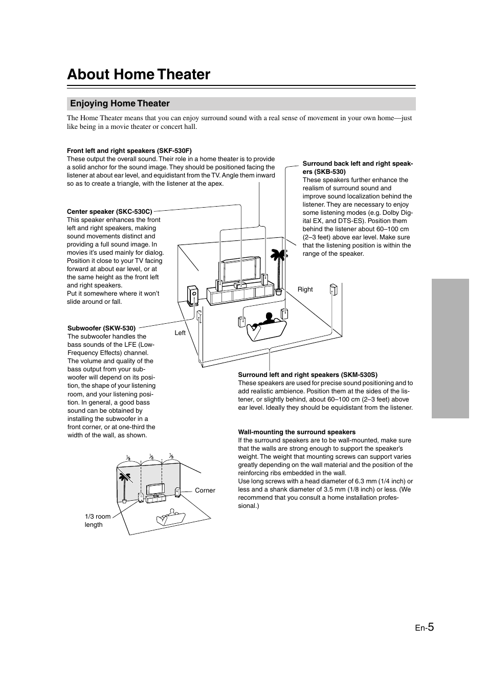 About home theater, Enjoying home theater, Installing & using | Onkyo SKS-HT530 User Manual | Page 5 / 32