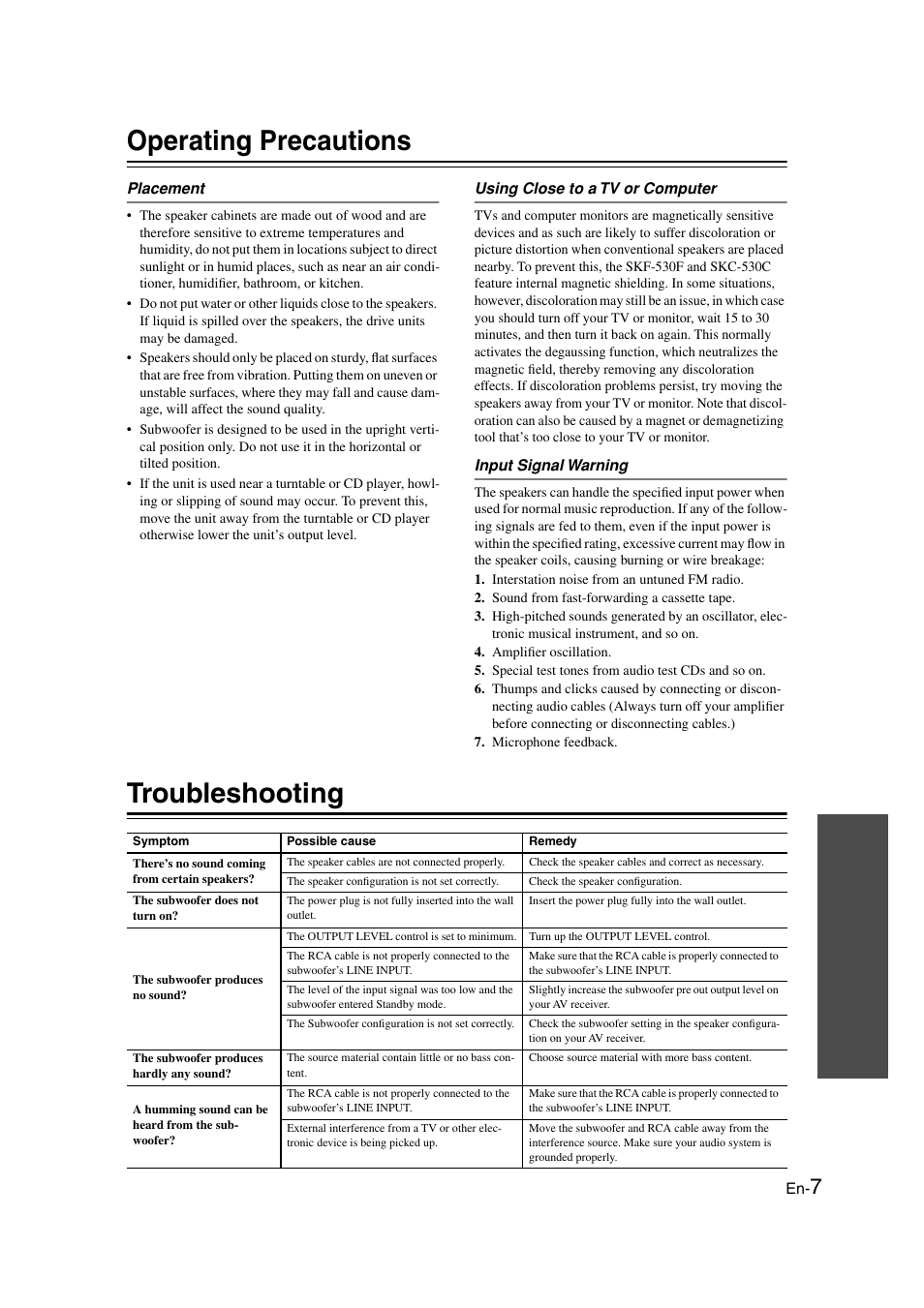 Operating precautions, Troubleshooting, Appendix | Onkyo SKS-HT530 User Manual | Page 7 / 32