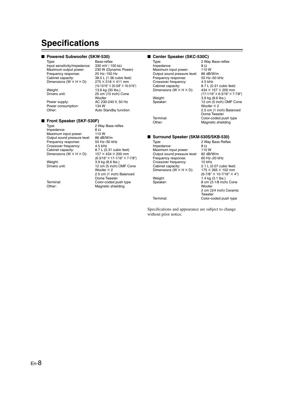 Specifications | Onkyo SKS-HT530 User Manual | Page 8 / 32