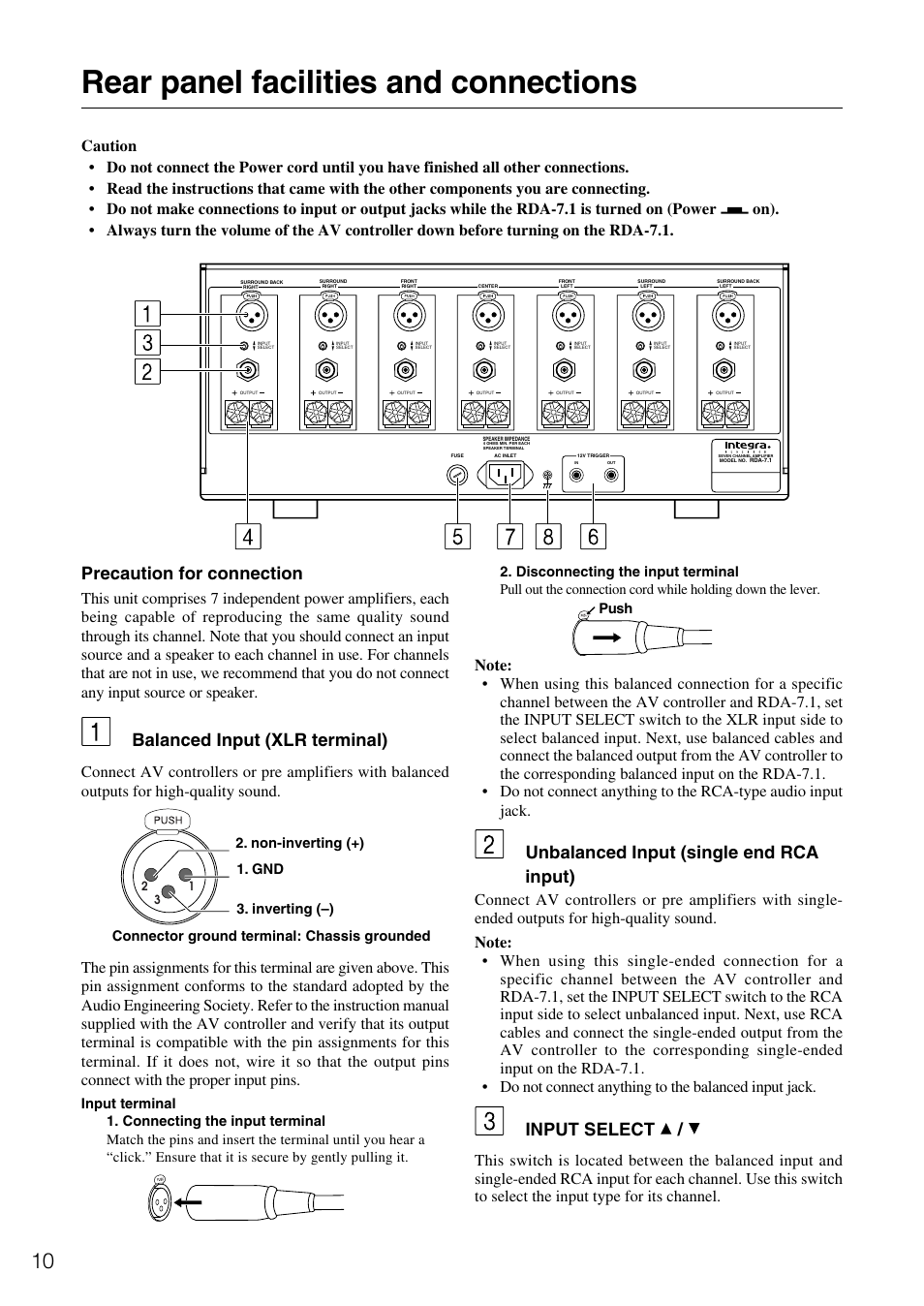 Rear panel facilities and connections, Unbalanced input (single end rca input), Input select | Precaution for connection, Balanced input (xlr terminal), Push, Gnd 3. inverting (–) 2. non-inverting (+) | Onkyo RDA-7.1 User Manual | Page 10 / 16