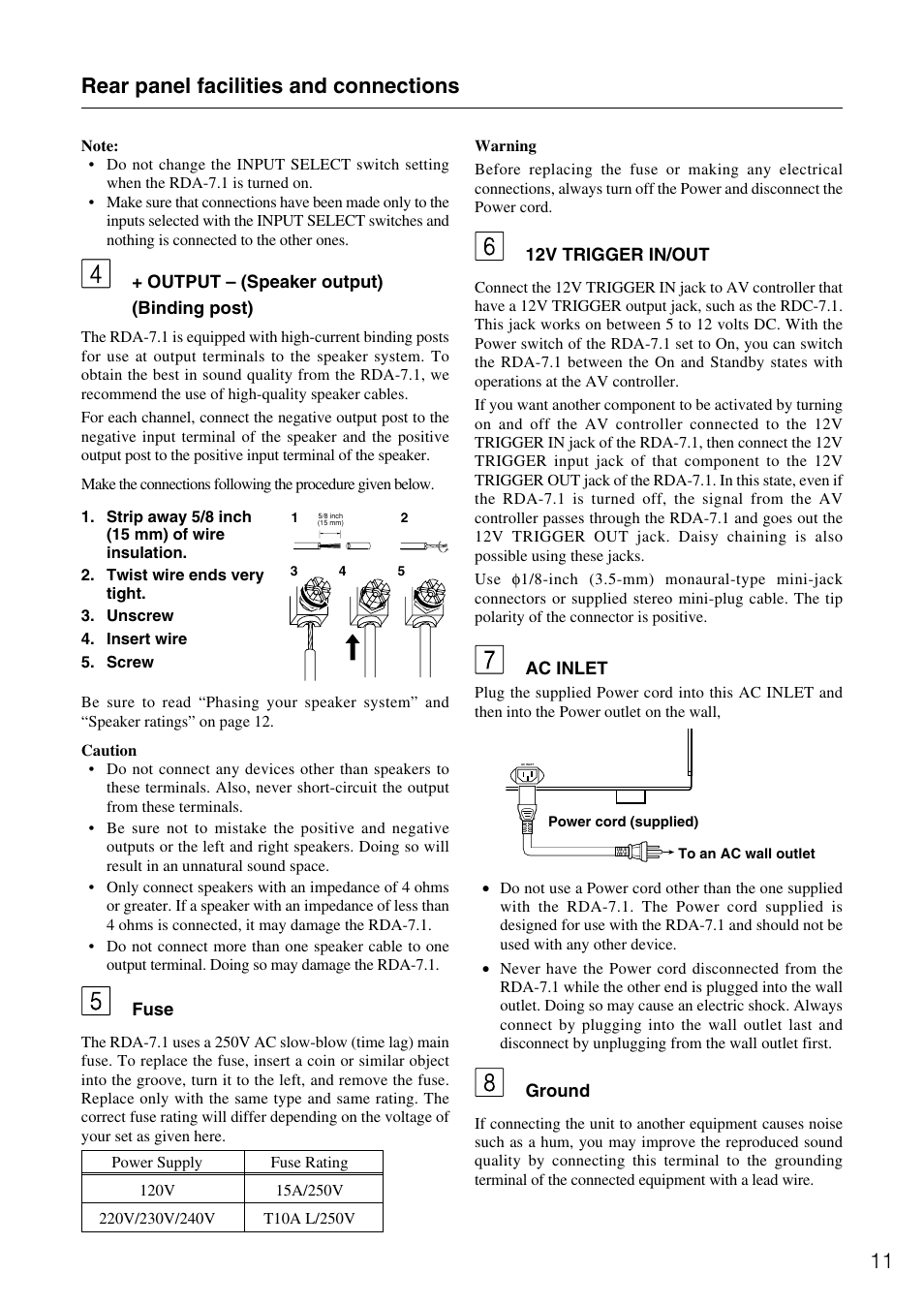 11 rear panel facilities and connections | Onkyo RDA-7.1 User Manual | Page 11 / 16