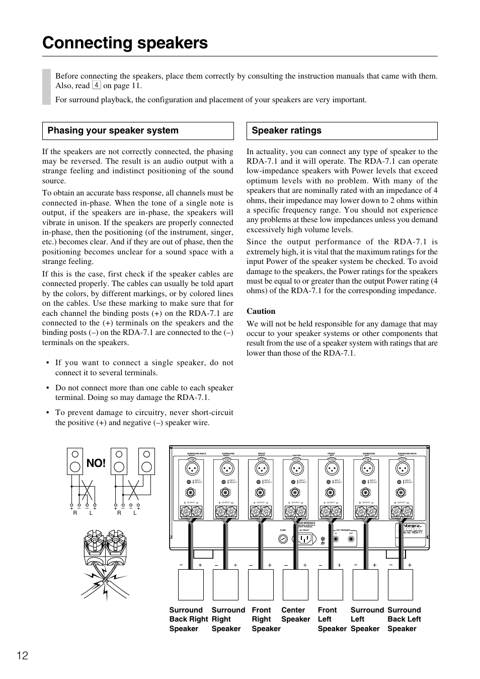 Connecting speakers, Speaker ratings, Phasing your speaker system | Onkyo RDA-7.1 User Manual | Page 12 / 16