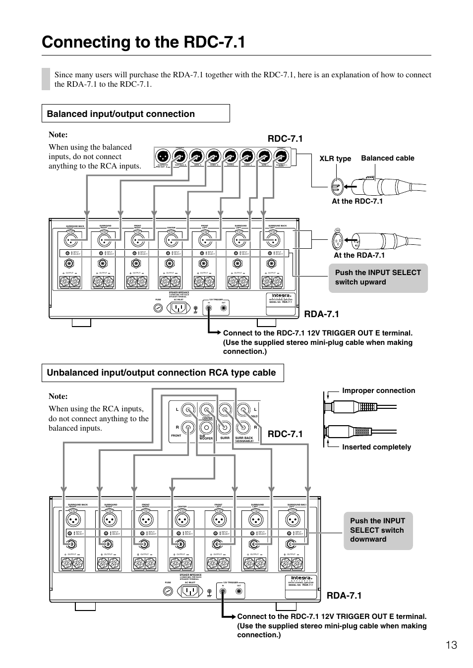 Connecting to the rdc-7.1, Rda-7.1 rdc-7.1, Rdc-7.1 | Rda-7.1, Improper connection inserted completely, Push the input select switch downward | Onkyo RDA-7.1 User Manual | Page 13 / 16