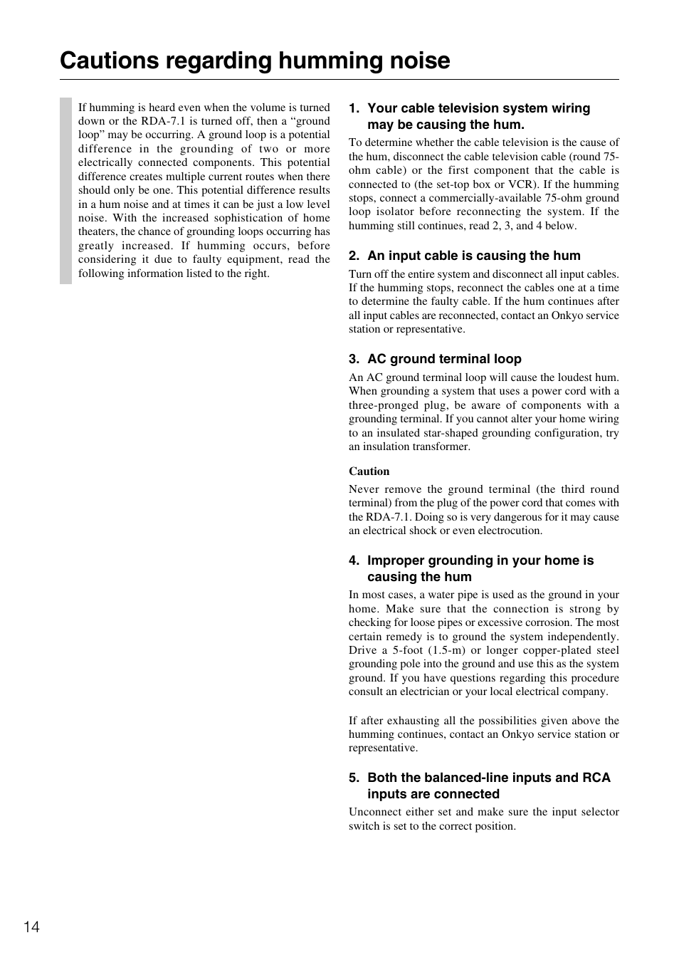 Cautions regarding humming noise | Onkyo RDA-7.1 User Manual | Page 14 / 16