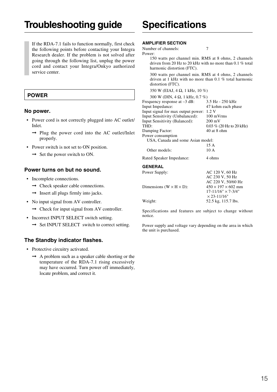Troubleshooting guide, Specifications | Onkyo RDA-7.1 User Manual | Page 15 / 16