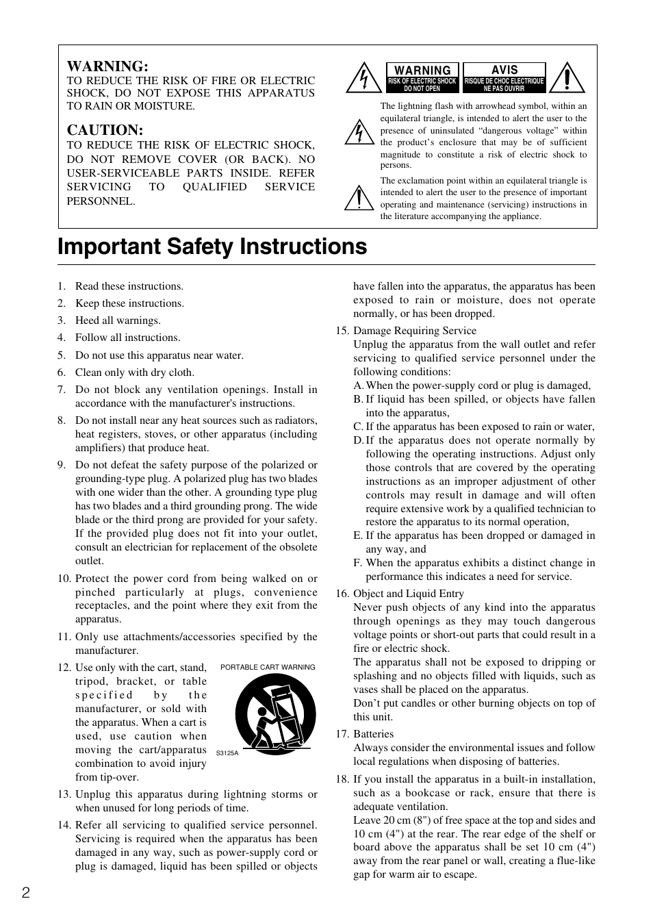 Important safety instructions, Warning, Caution | Onkyo RDA-7.1 User Manual | Page 2 / 16